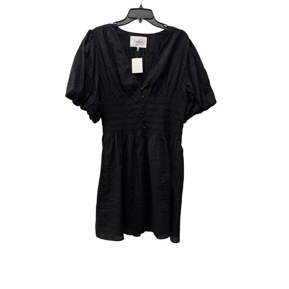 New Frame Women's Size XL Black Smocked Button-Down Dress Short Puff Sleeves - Picture 1 of 14
